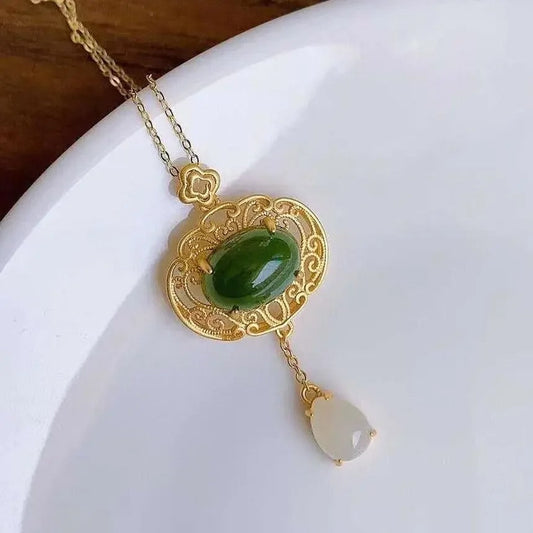 Classic Gold Green Stone & Teardrop Filigree Pendant Necklace-Ariette Jewelry