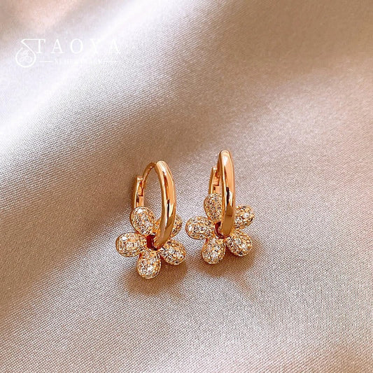 Vintage Gold & Crystal Flower Hoop Earrings-Ariette Jewelry