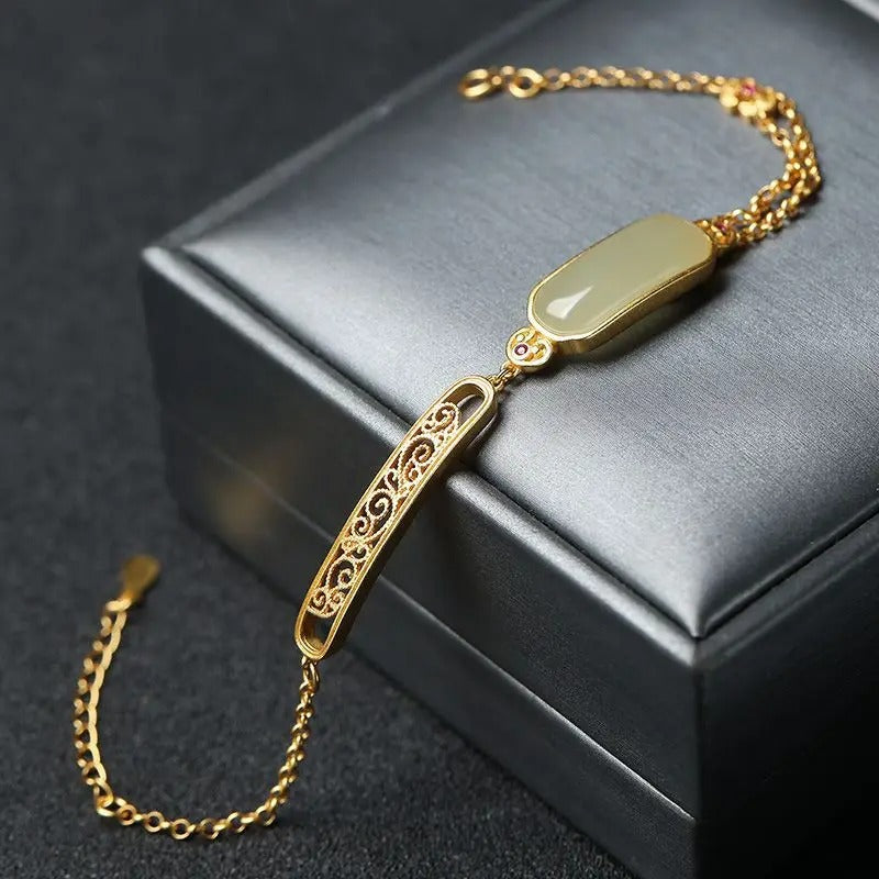 Classic Gold Green Gem & Floral Filigree Accent Bracelet-Ariette Jewelry