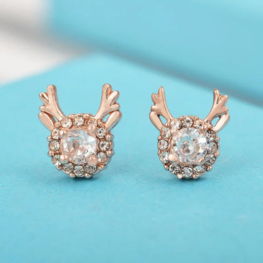 Vintage Rose Gold Reindeer Crystal Halo Stud Earrings-Ariette Jewelry