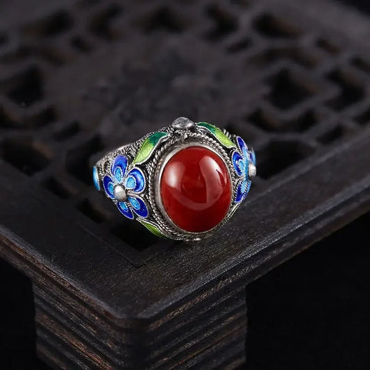 Vintage Silver Inlaid Southern Red Tourmaline Adjustable Ring-Ariette Jewelry
