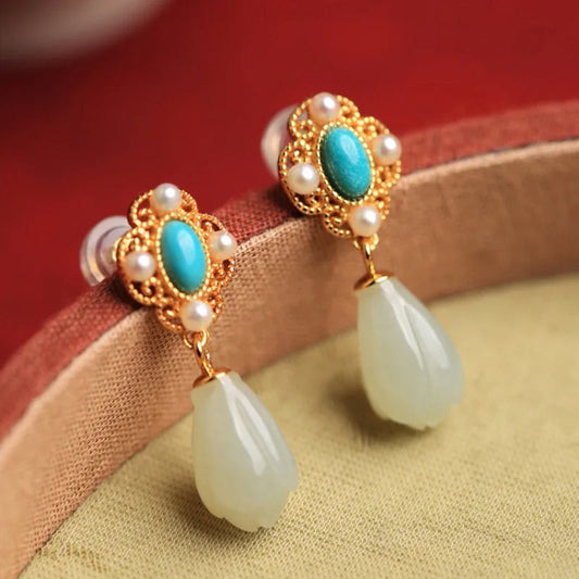 Classic Turquoise Pearl Vintage Charm Earrings-Ariette Jewelry