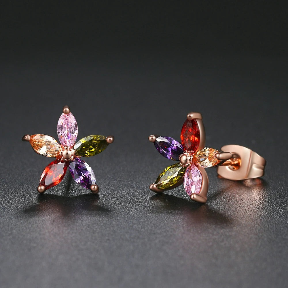 Timeless Rose Gold Flower-Shaped Vibrant Gemstone Earrings-Ariette Jewelry