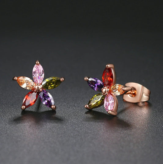 Timeless Rose Gold Flower-Shaped Vibrant Gemstone Earrings-Ariette Jewelry