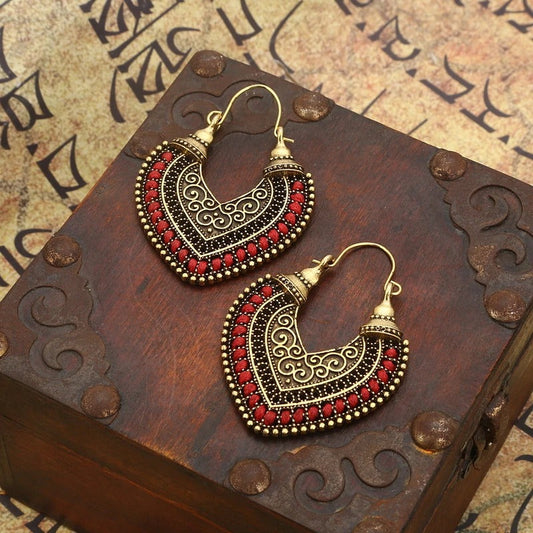 Vintage Gold & Red Tribal Hoop Earrings-Ariette Jewelry