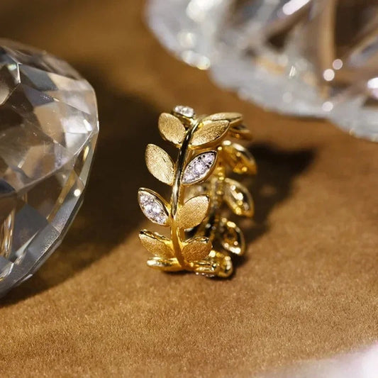 Vintage Gold & Diamond Leaf Crystal Adjustable Ring-Ariette Jewelry