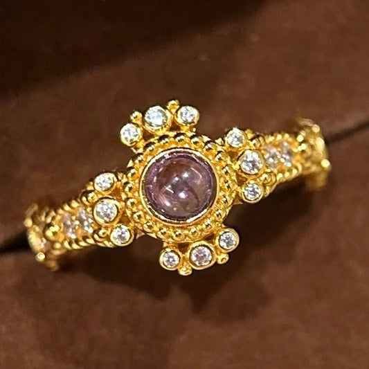 Antique-Inspired Gold & Purple Stone Floral Adjustable Ring-Ariette Jewelry