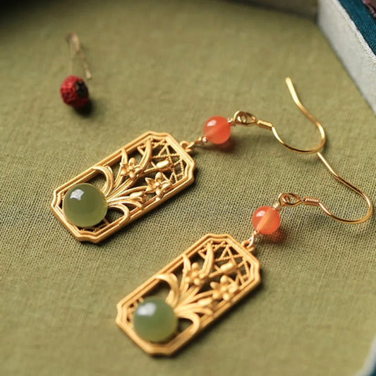 Vintage Gold Fresh Green Gem & Floral Design Earrings-Ariette Jewelry