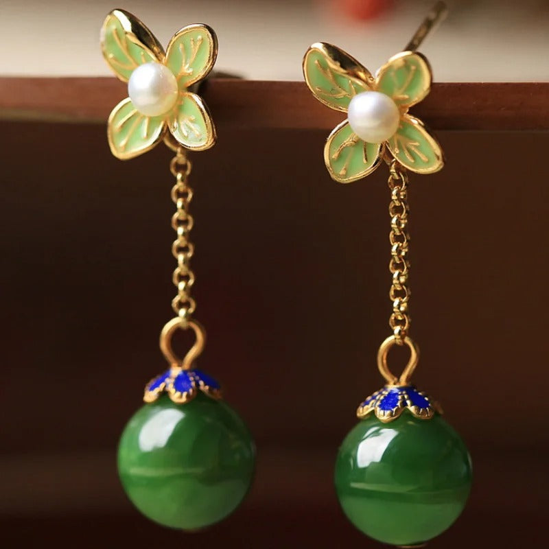 Vintage Gold Pearl Fresh Flower & Green Gemstone Earrings-Ariette Jewelry