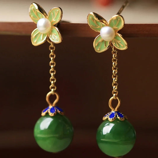 Vintage Gold Pearl Fresh Flower & Green Gemstone Earrings-Ariette Jewelry