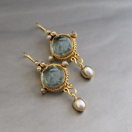 Vintage Blue Glass & Pearl Drop Earrings-Ariette Jewelry