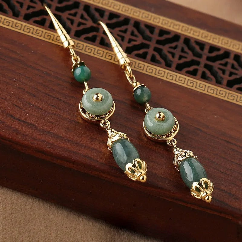 Classic Gold & Green Gemstone Drop Jasper Earrings-Ariette Jewelry