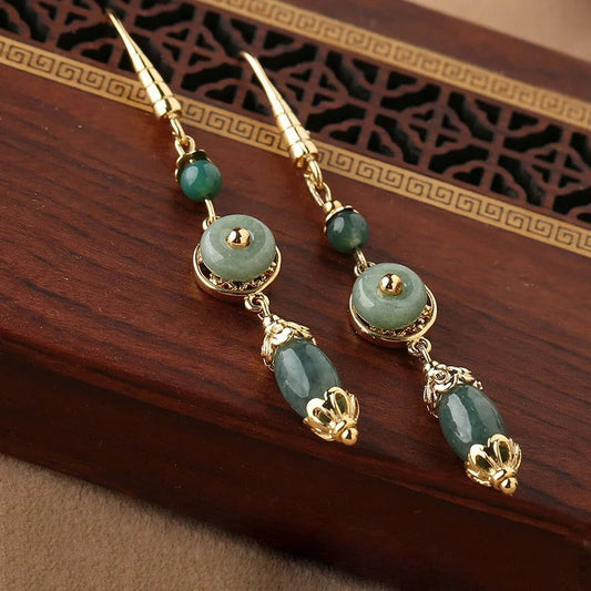 Classic Gold & Green Gemstone Drop Jasper Earrings-Ariette Jewelry