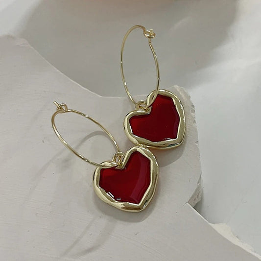 Gold Red Heart Circle Dangle Earrings-Ariette Jewelry