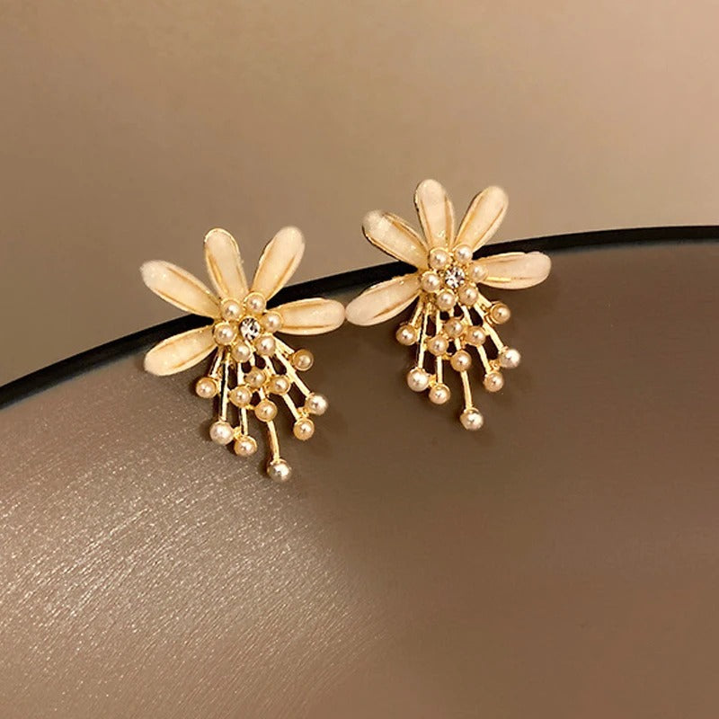 Gold Floral Pearl Beads Earrings-Ariette Jewelry