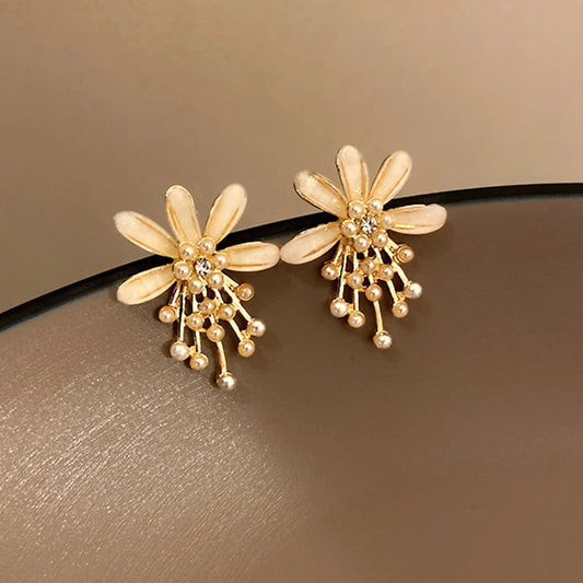 Gold Floral Pearl Beads Earrings-Ariette Jewelry