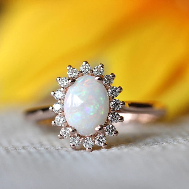 Vintage Rose Gold Oval Opal Gem & Radiant Crystal Border Ring-Ariette Jewelry