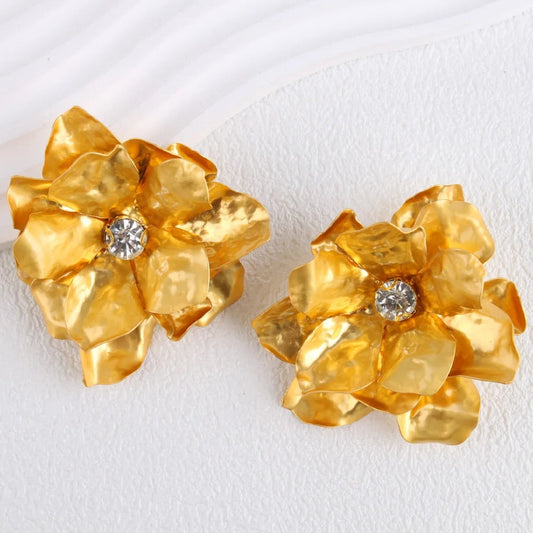 Gold Big Artistic Floral Crystal Earrings-Ariette Jewelry
