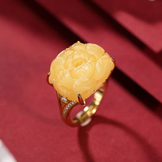 Vintage Natural Yellow Peony Flower Adjustable Ring-Ariette Jewelry