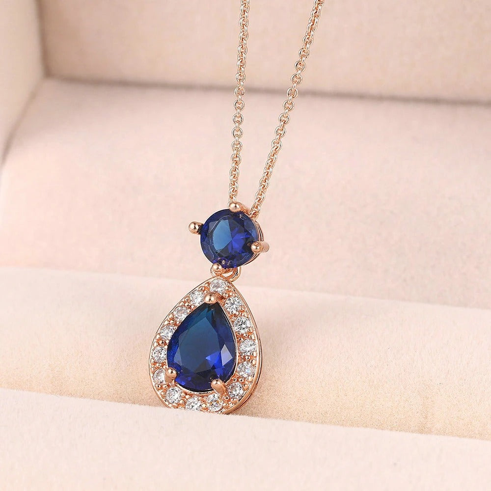 Antique Style Rose Gold Blue Oval Gem & Teardrop Pendant Necklace-Ariette Jewelry