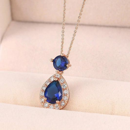 Antique Style Rose Gold Blue Oval Gem & Teardrop Pendant Necklace-Ariette Jewelry