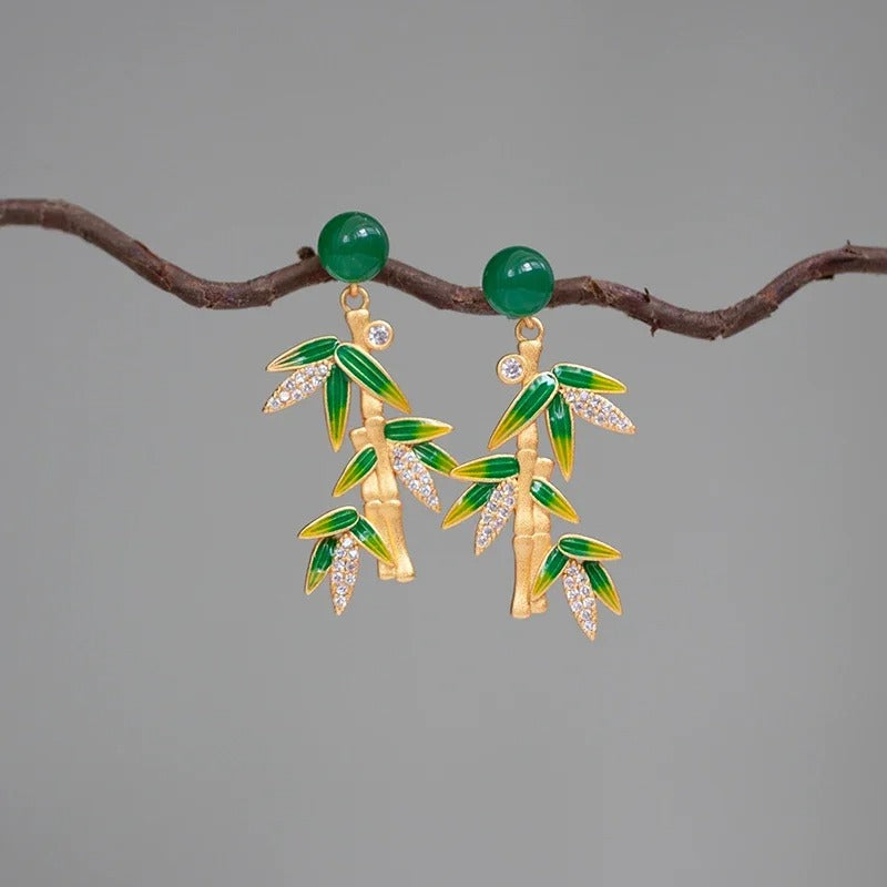Vintage Gold Jade Green Bamboo Leaf Earrings-Ariette Jewelry
