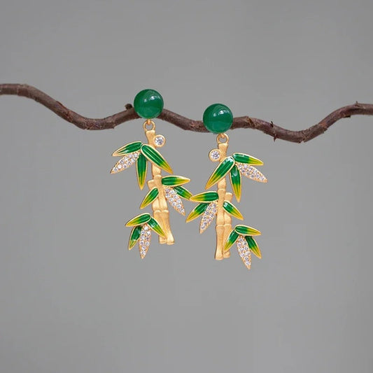 Vintage Gold Jade Green Bamboo Leaf Earrings-Ariette Jewelry