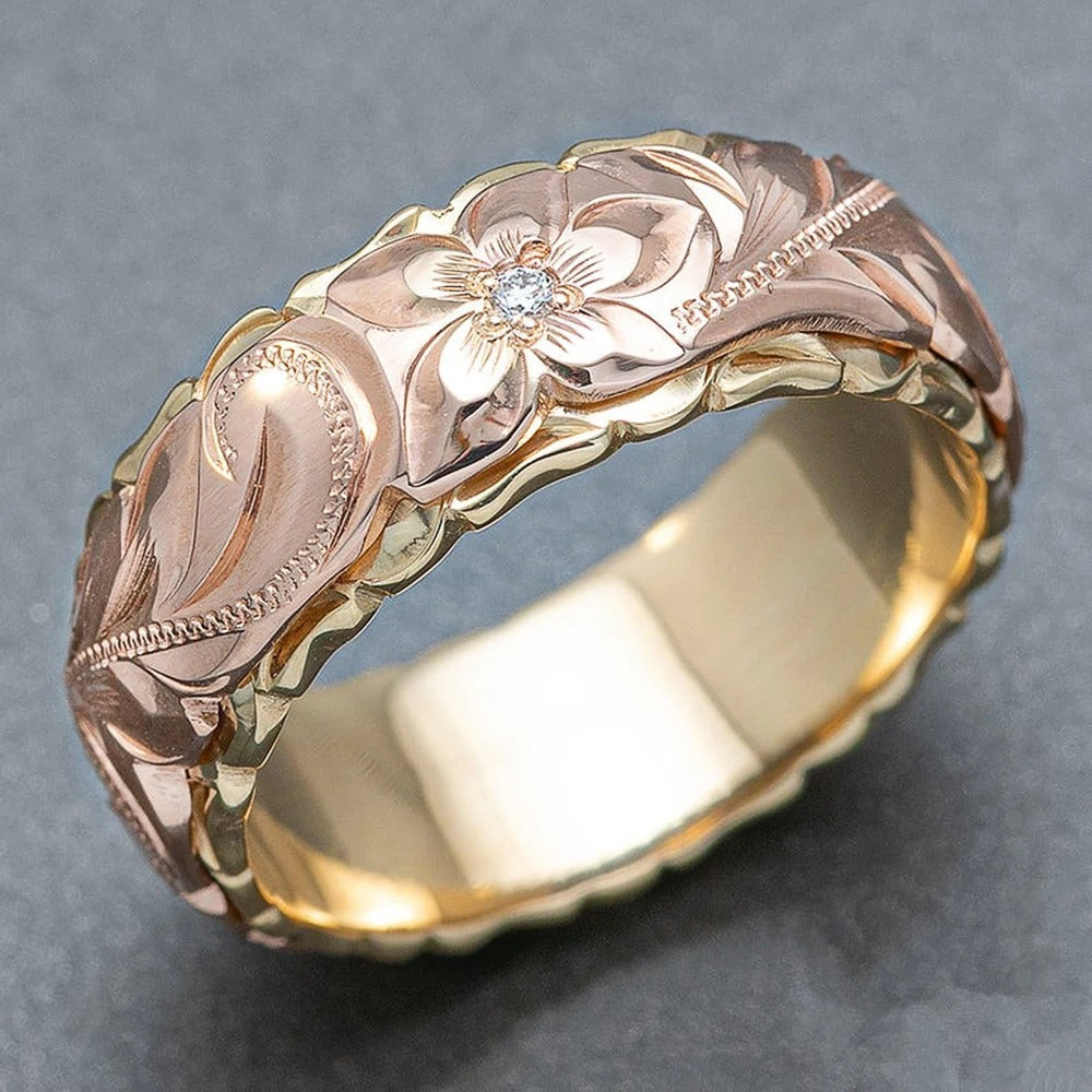 Vintage Rose Gold Flower Engraved Ring-Ariette Jewelry
