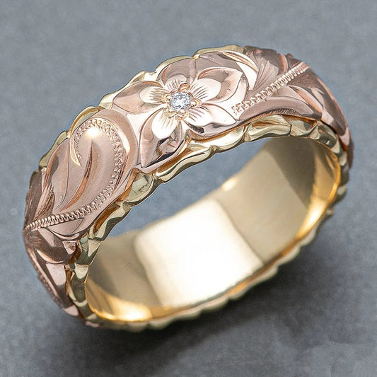Vintage Rose Gold Flower Engraved Ring-Ariette Jewelry