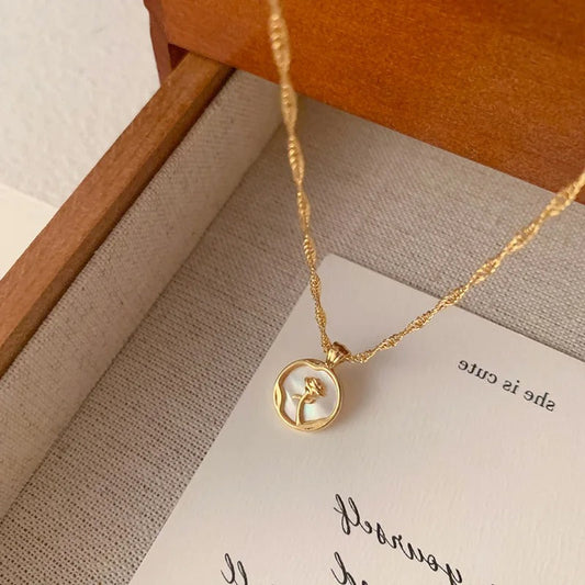Vintage Gold Round Frame Rose Pendant Necklace-Ariette Jewelry