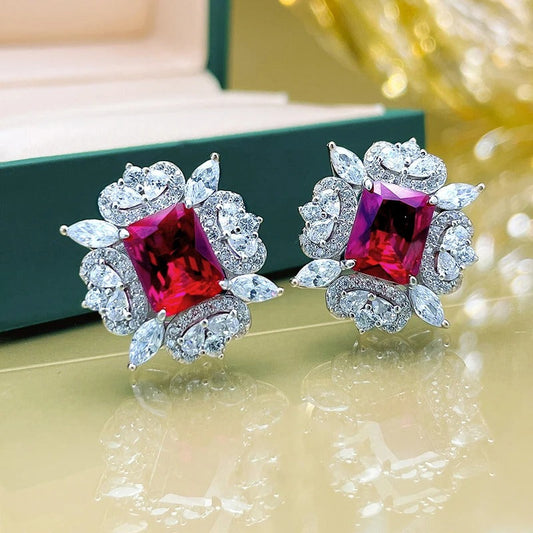 Silver Red Gem Floral Earrings-Ariette Jewelry