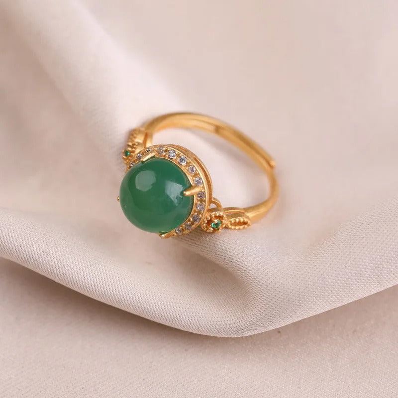 Vintage Gold Green Gemstone & Shiny Crystal Adjustable Ring-Ariette Jewelry