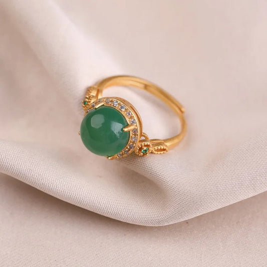Vintage Gold Green Gemstone & Shiny Crystal Adjustable Ring-Ariette Jewelry