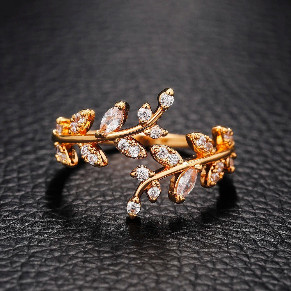 Gold Sparkling Leaf Branch Adjustable Ring-Ariette Jewelry