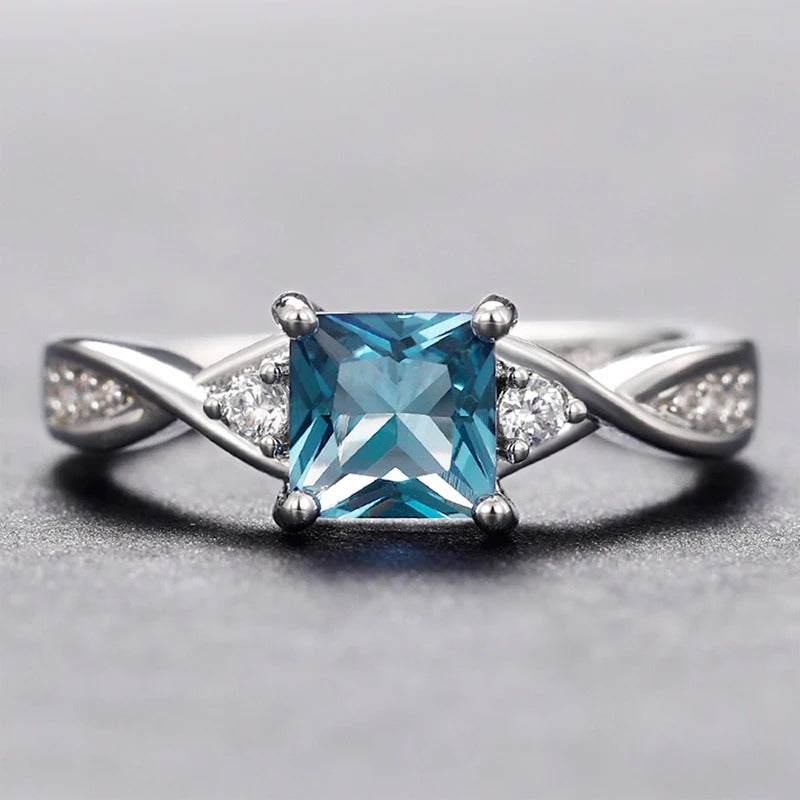 Vintage Blue Princess Cut Silver Ring-Ariette Jewelry