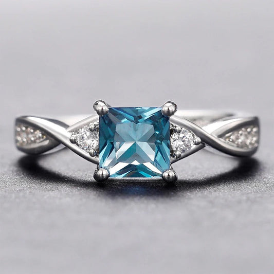 Vintage Blue Princess Cut Silver Ring-Ariette Jewelry