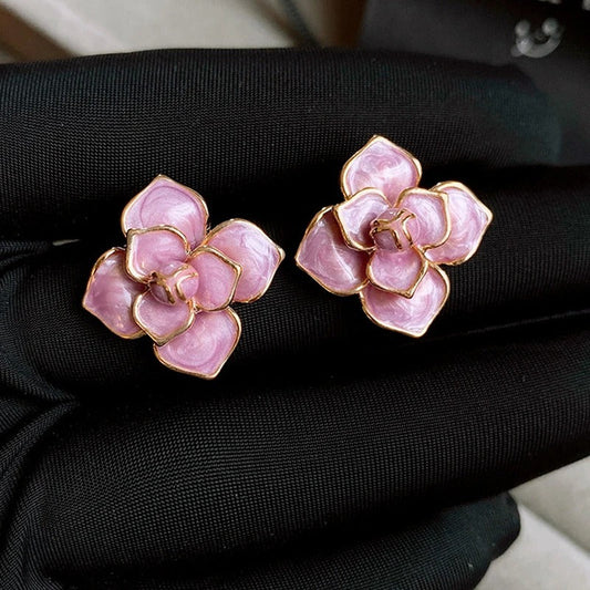 Gold Purple Enamel Flower Stud Earrings-Ariette Jewelry