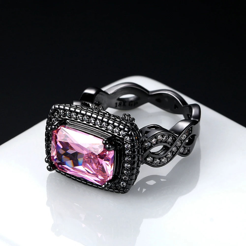 Pink Gemstone & Intricate Black Gold Band Ring-Ariette Jewelry