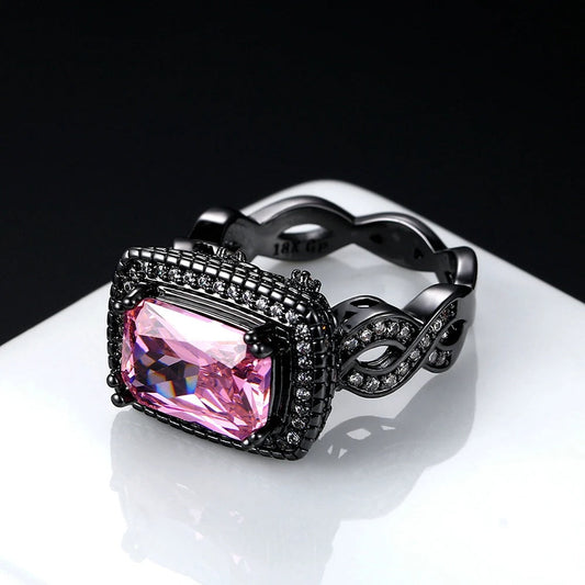 Pink Gemstone & Intricate Black Gold Band Ring-Ariette Jewelry