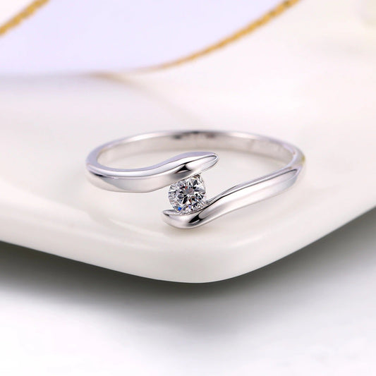 Silver Curved Band & Brilliant Center Diamond Ring-Ariette Jewelry