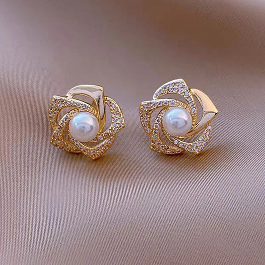 Spiral Pearl Petal Flower Stud Earrings-Ariette Jewelry