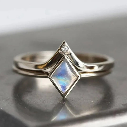 Vintage Silver Geometric Moonstone Ring-Ariette Jewelry