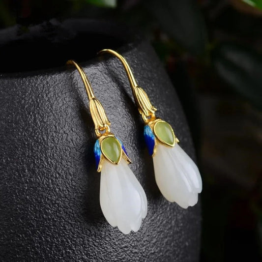 Classic Gold & White Flower Green Stone Dangle Earrings-Ariette Jewelry