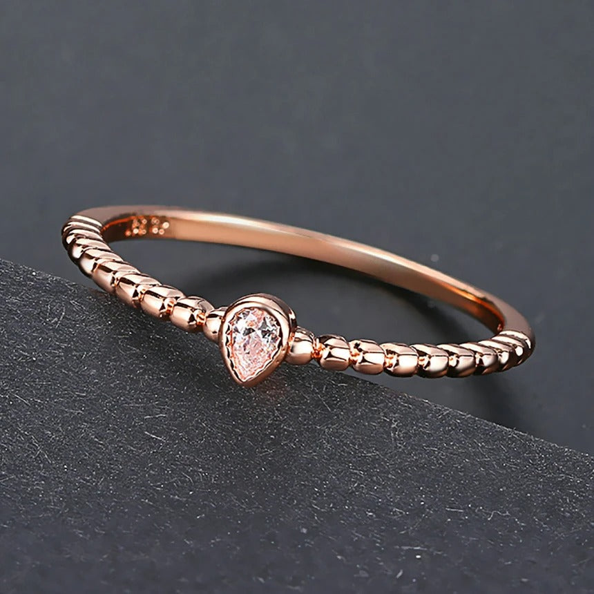 Vintage Rose Gold Pink Crystal Tear Drop Ring-Ariette Jewelry