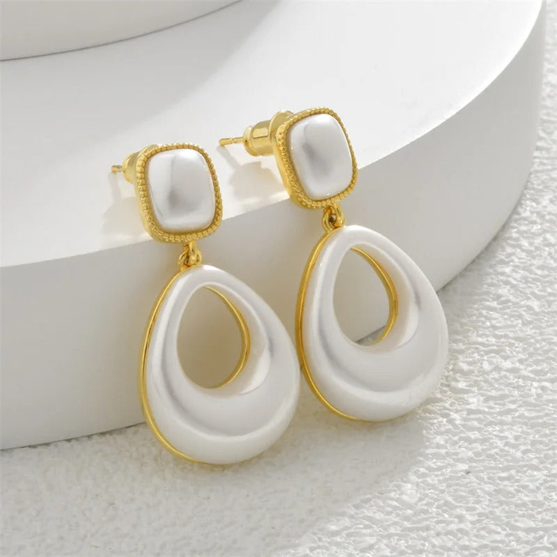 Vintage Gold & White Teardrop Square Stud Earrings-Ariette Jewelry