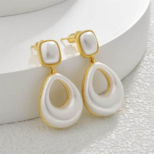 Vintage Gold & White Teardrop Square Stud Earrings-Ariette Jewelry