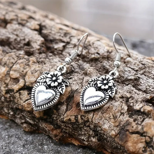 Vintage Silver Floral Heart Earrings-Ariette Jewelry