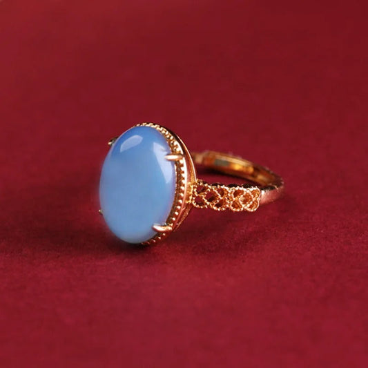 Vintage Gold Light Blue Oval Gemstone Adjustable Ring-Ariette Jewelry