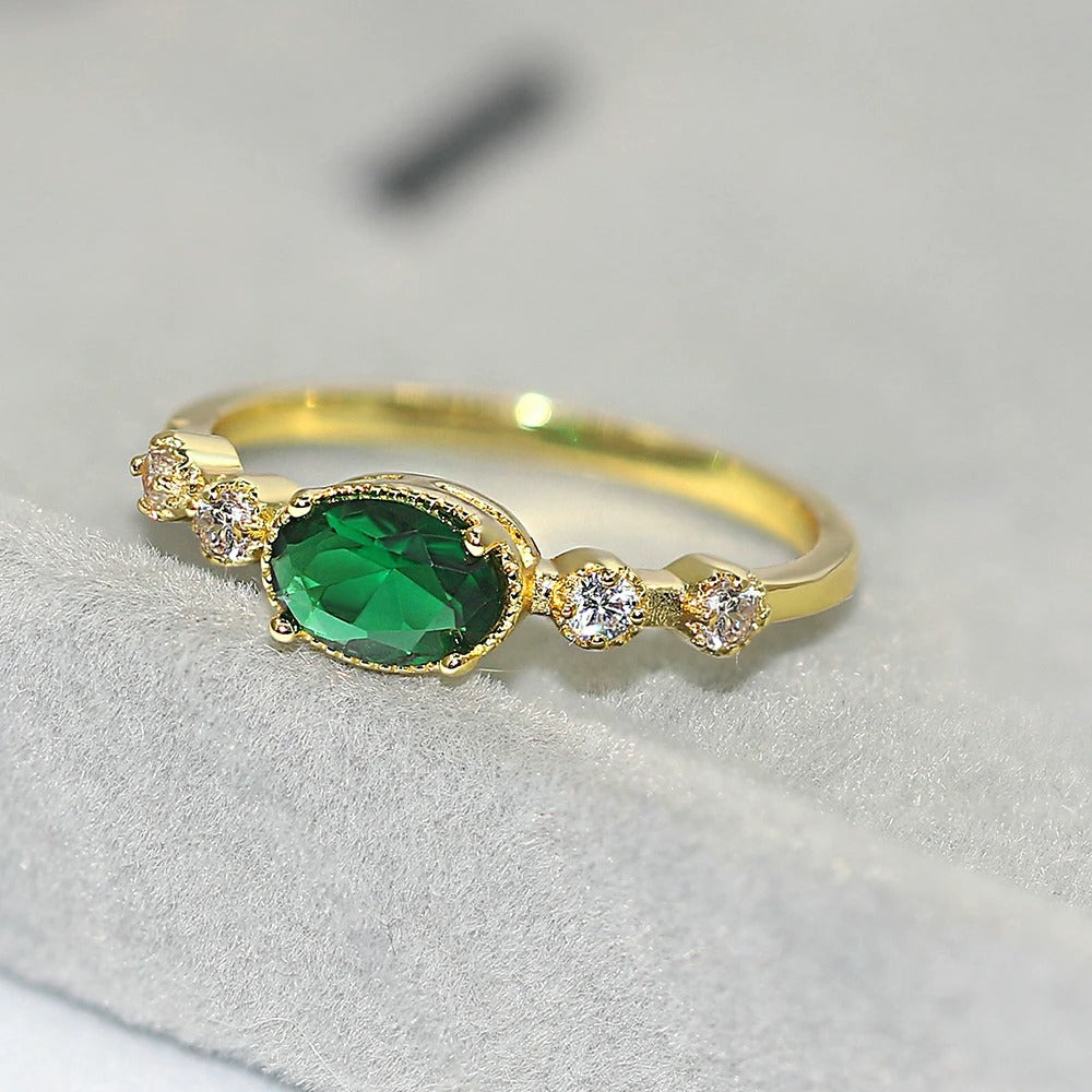 Vintage Gold Green Oval Gemstone & Sparkling Side Ring-Ariette Jewelry