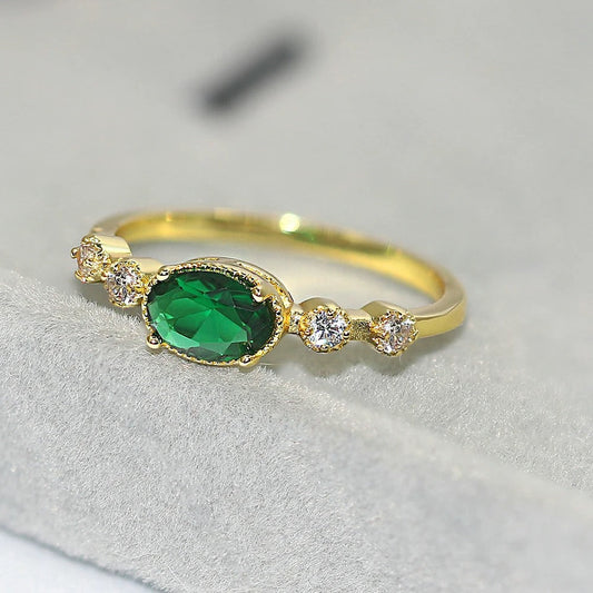 Vintage Gold Green Oval Gemstone & Sparkling Side Ring-Ariette Jewelry